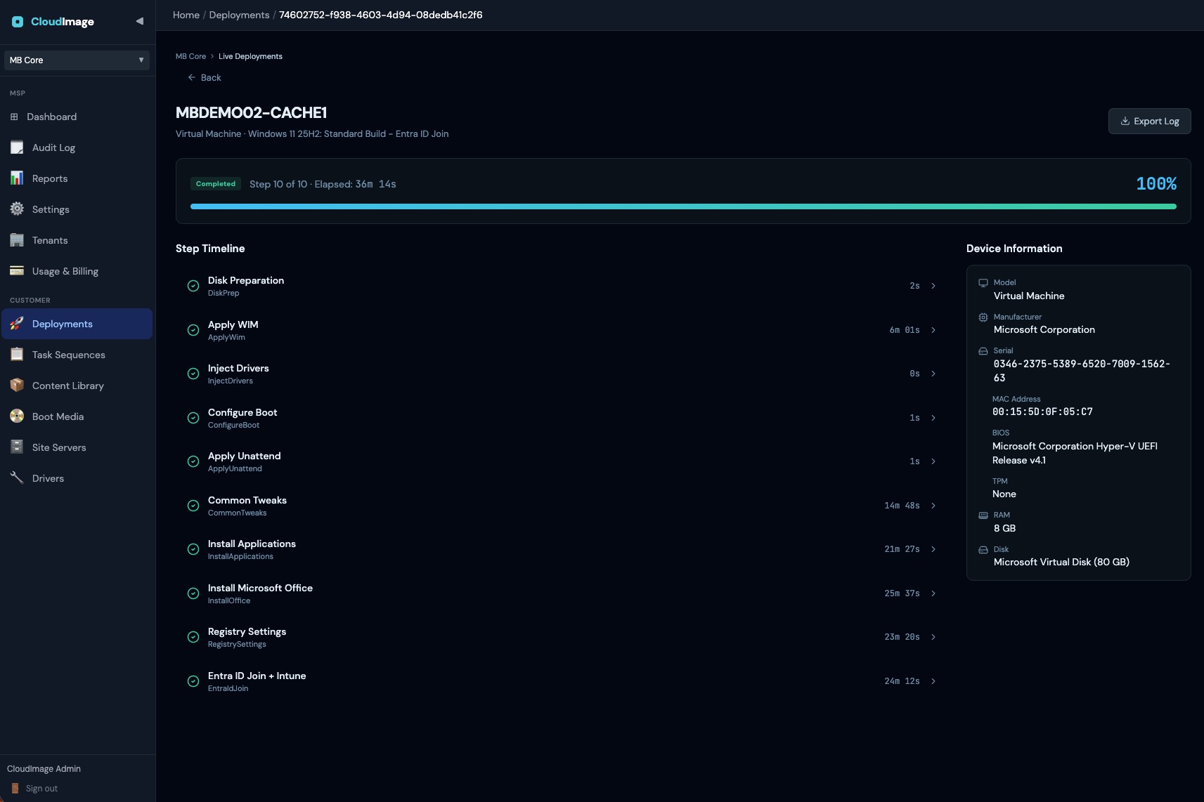 Per-device deployment timeline with 10 completed steps