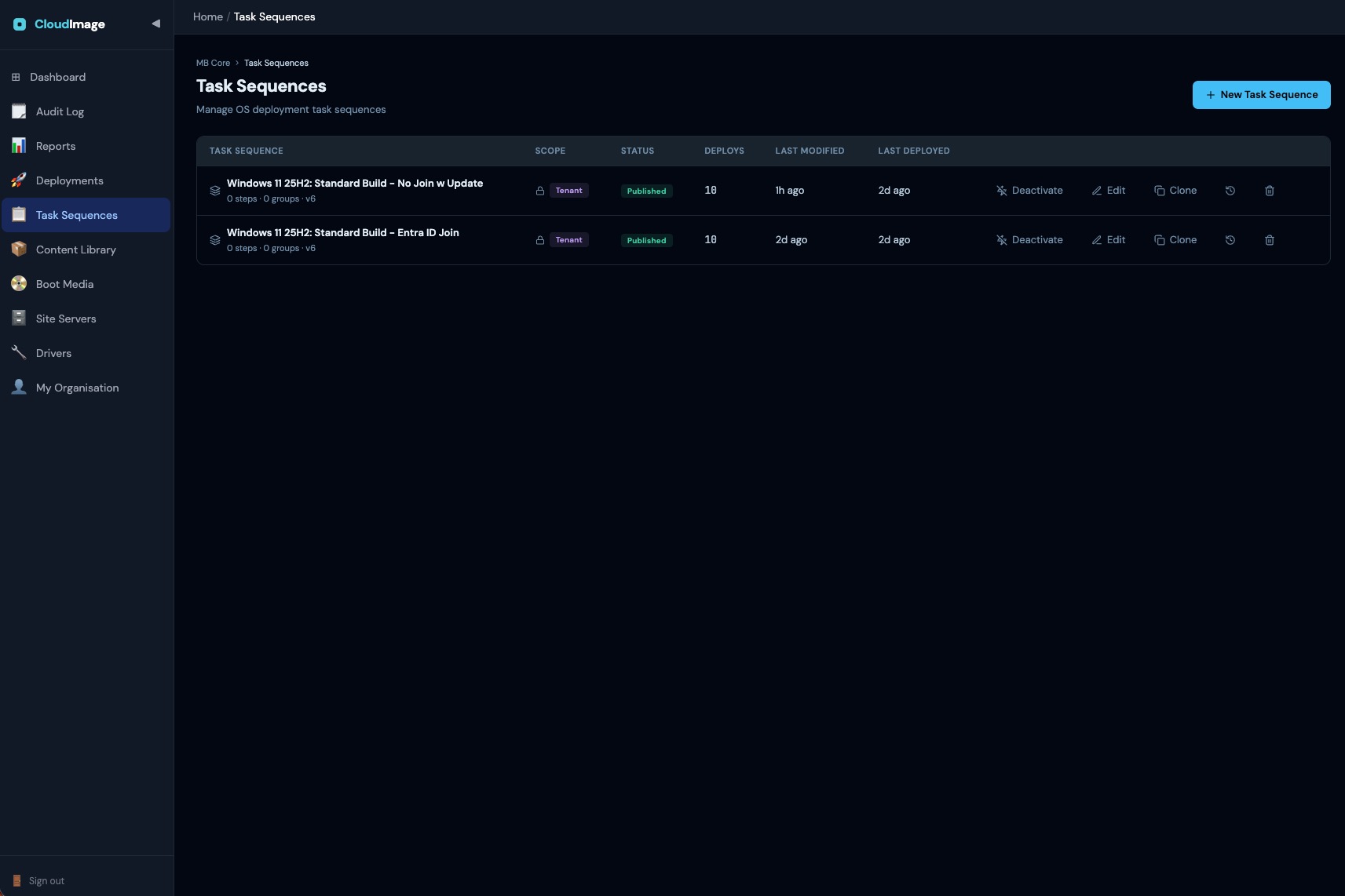 Task Sequences list